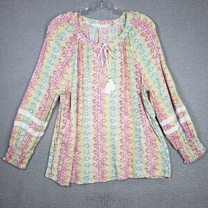 Jane & Delancey Top Womens XL Colorful Diamond Print Tassels Smocked Sleeve Boho